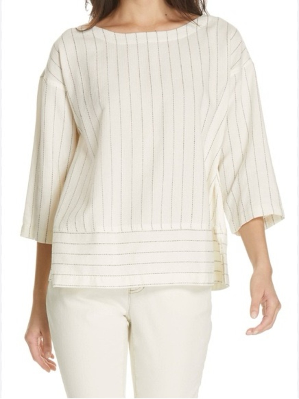 Eileen FisherGauzy  Cream Pinstripe Boxy Boatneck Top Organic Cotton Blend Sz L